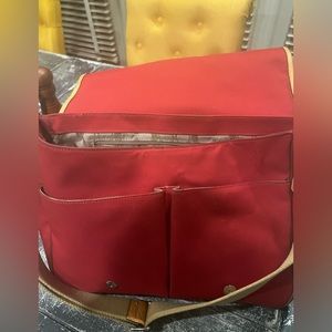 Coach red fabric leather trim satchel bag